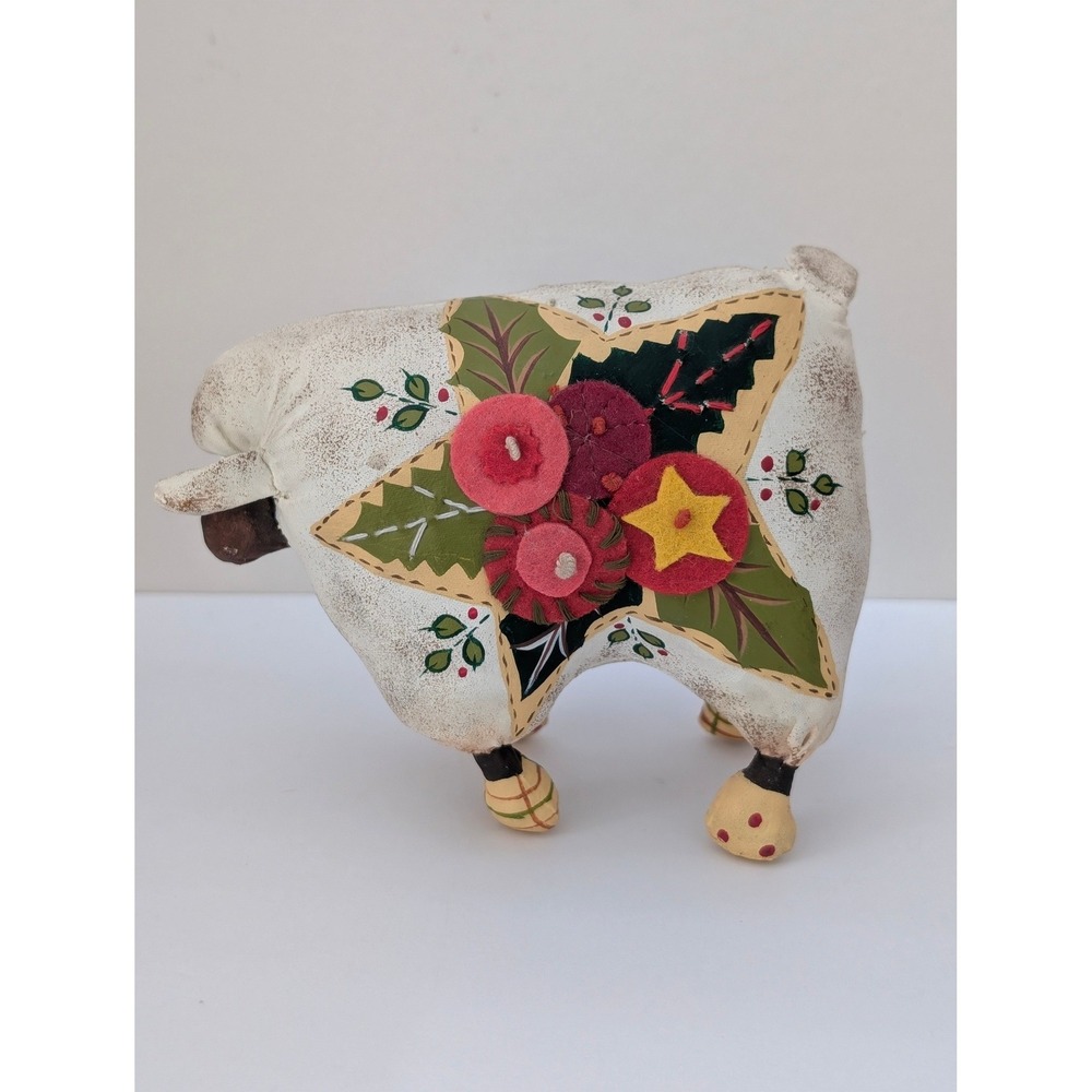 Primitive Folk‎ Art Sheep Figurine Rustic Distressed Fabric Star Floral Decor